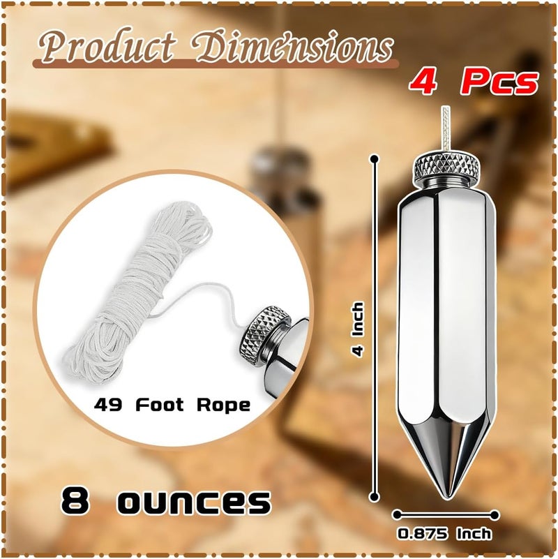 MXOYOXM 4 Pack Hexagon Plumb Bob,8 Ounce Alloy Steel Plumb Bob with 49 Ft String,Plumb Bob Tool Plumb Line Kit Suitable for Construction Surveying Metal Construction Accessories - Image 2